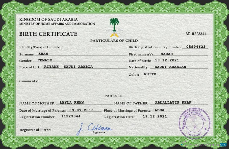 Download Saudi Arabia vital record birth certificate PSD template Photoshop template